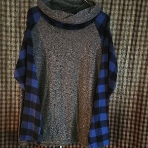 Cozy Hoodie with Blue Plaid Sleeves